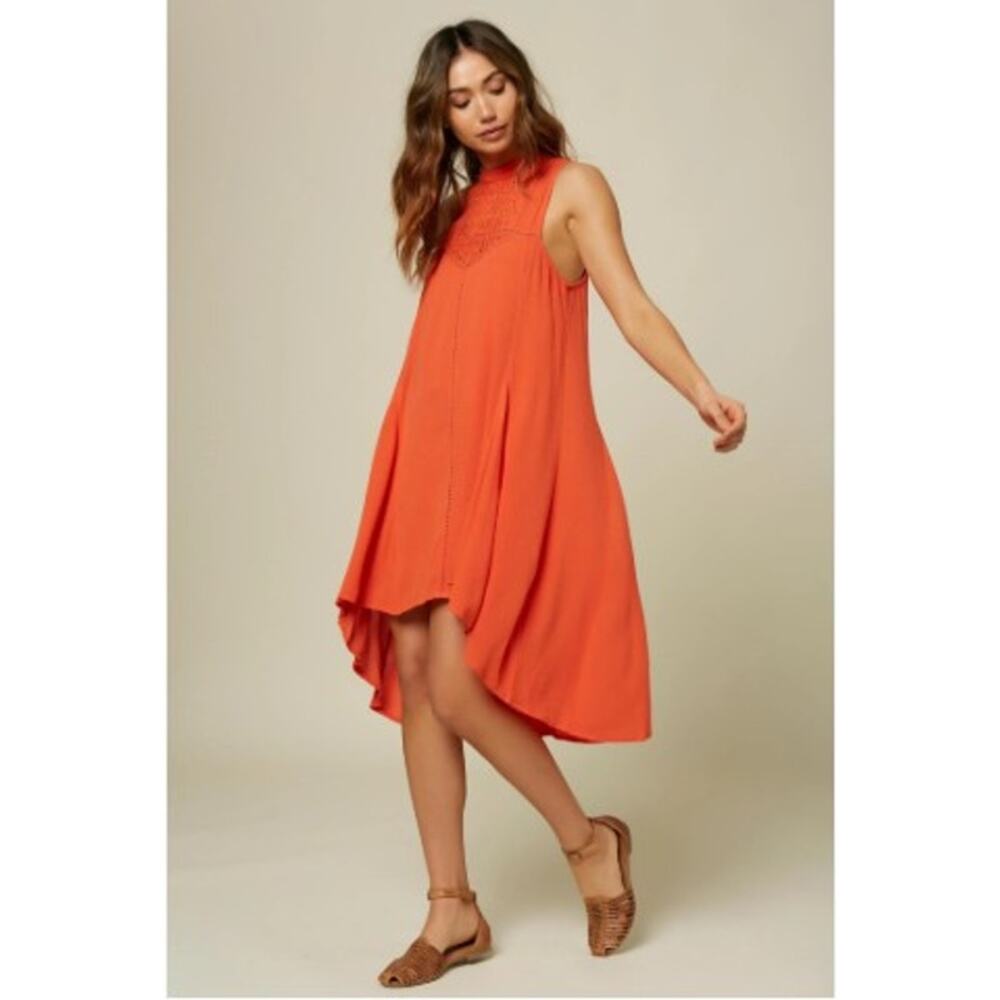 O'Neill Womens Swing Dress XS Orange Sleeveless Tank Crochet Hi-Low Issa